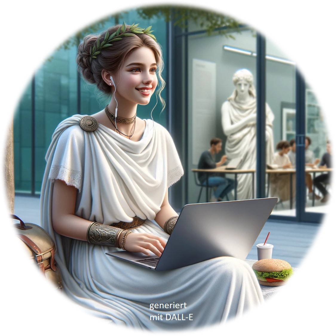 Junge Römerin in antiker Kleidung arbeitet am Laptop und isst Fast Food in einer modernen Schule.