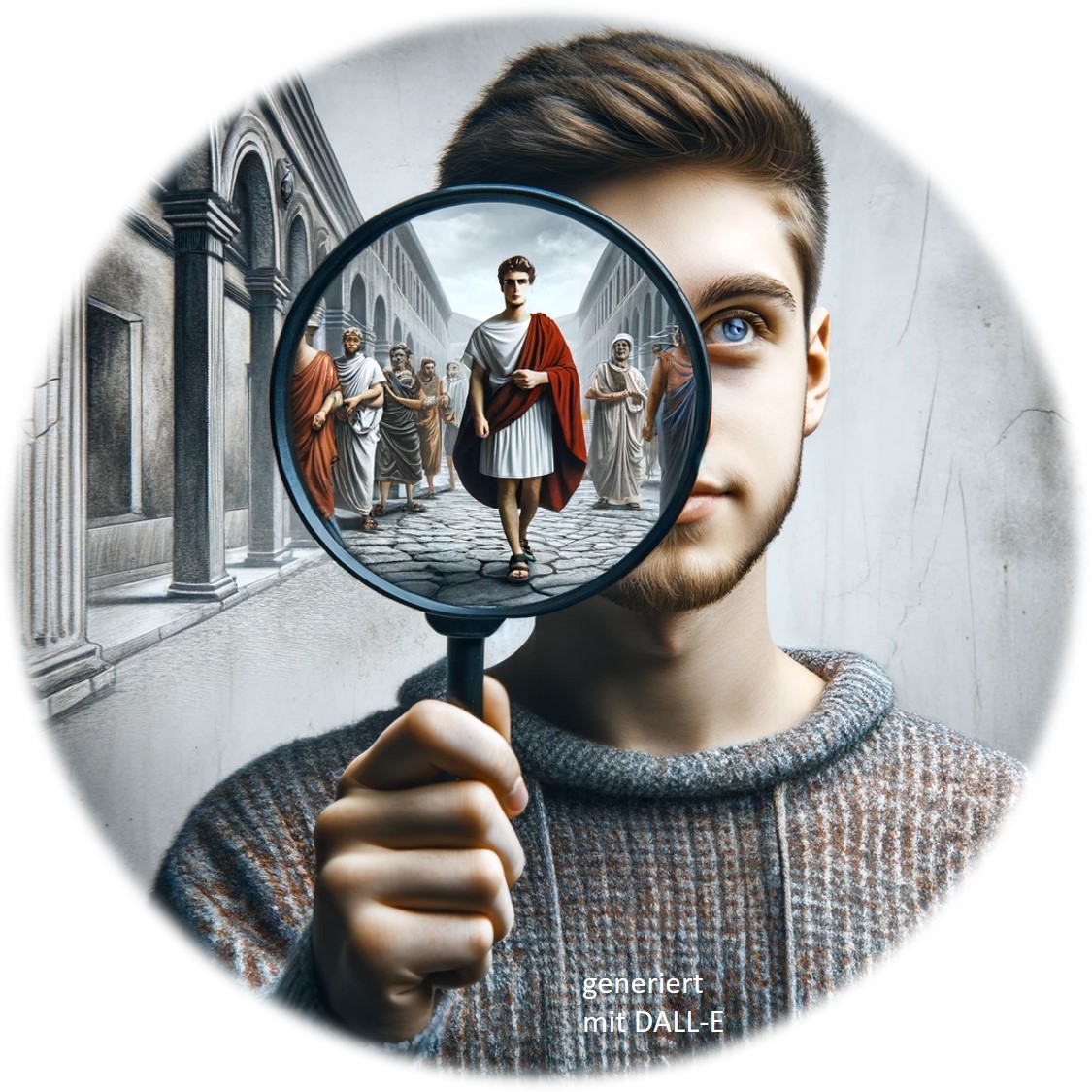 Schüler sieht in einer Lupe sich selbst in Kleidung eines römischen Senators.