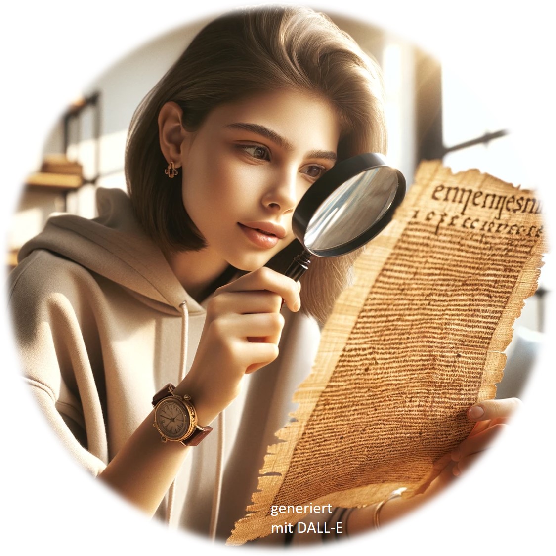 Schülerin untersucht mit einer Lupe einen mittelalterlichen Druck. 