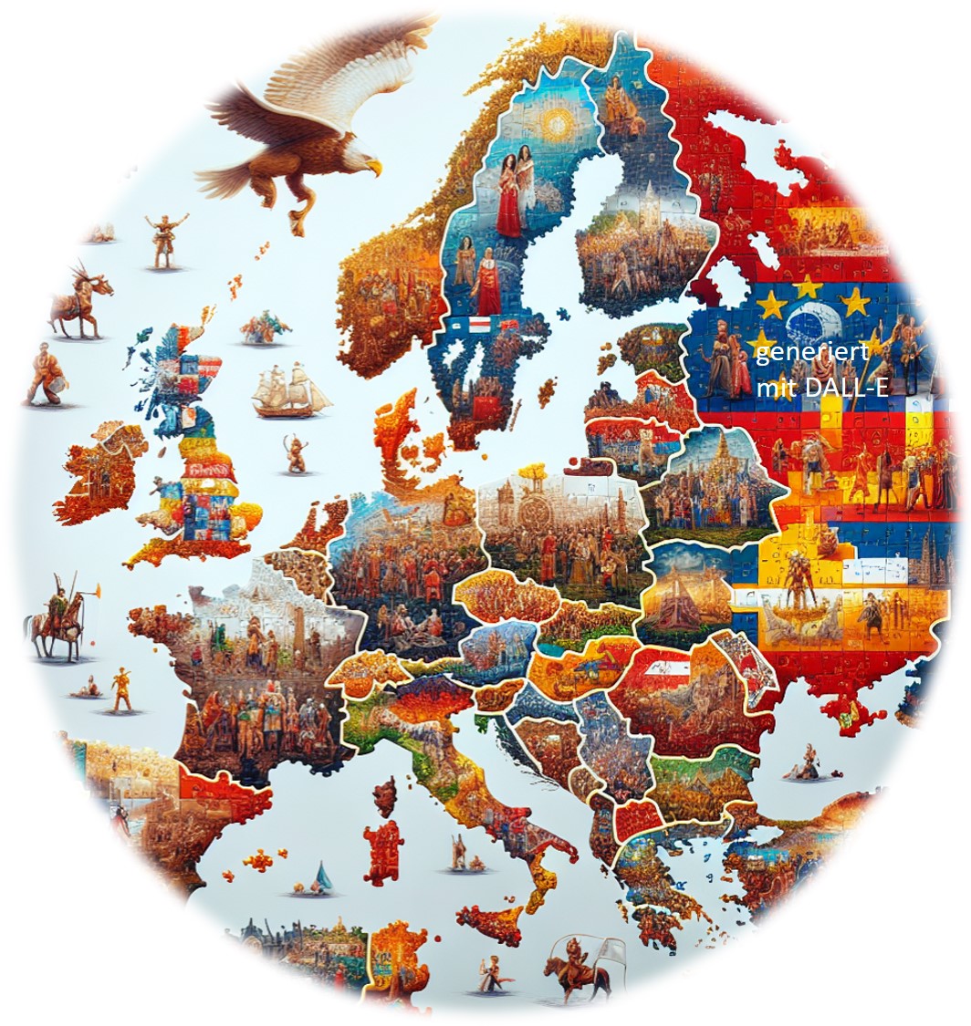 Europakarte. Länder sind mit Darstellungen aus der römischen Anrtike hinterlegt.