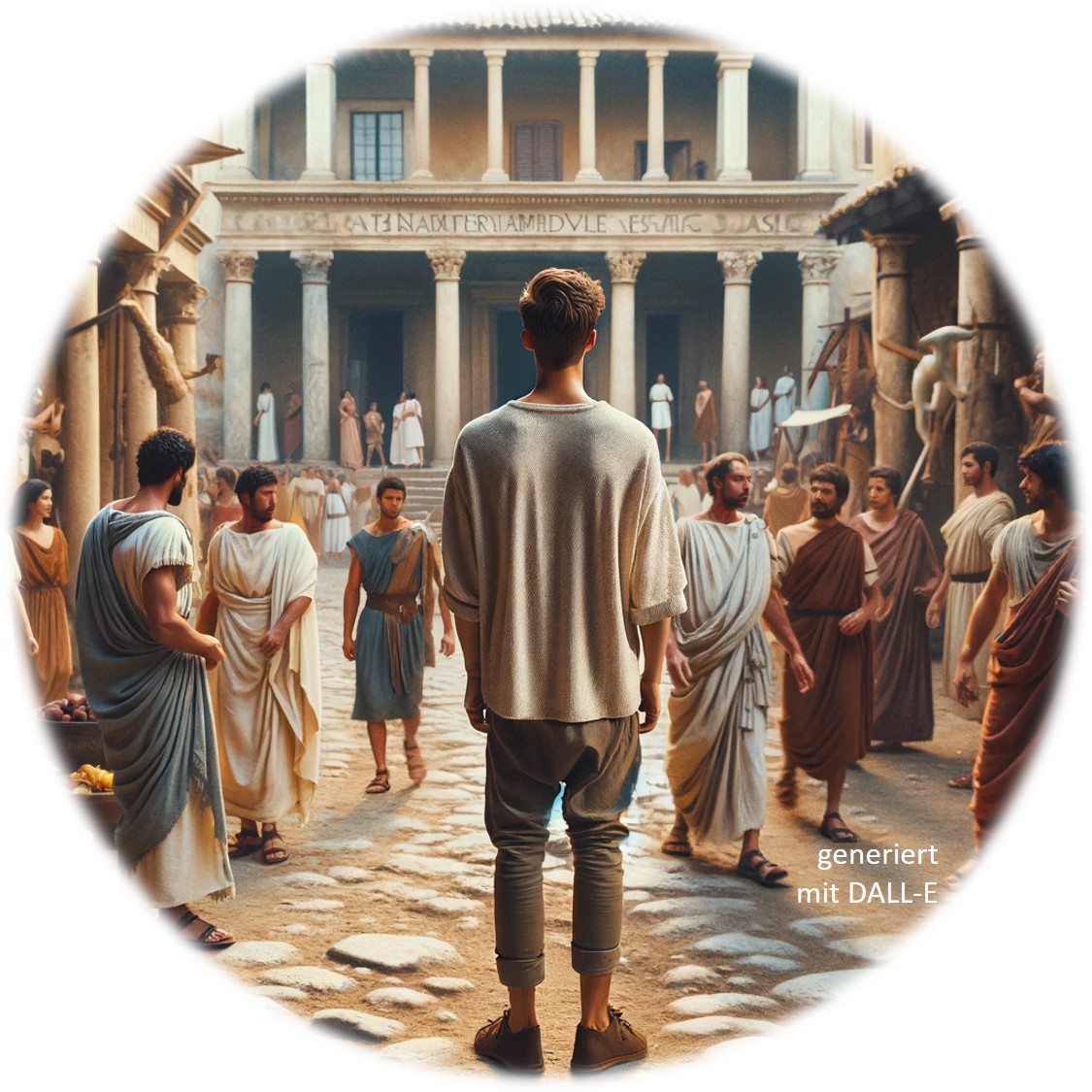 Modern gekleidetert Jugendlicher unterwegs in einer antiken römischen Geschäftsstraße.